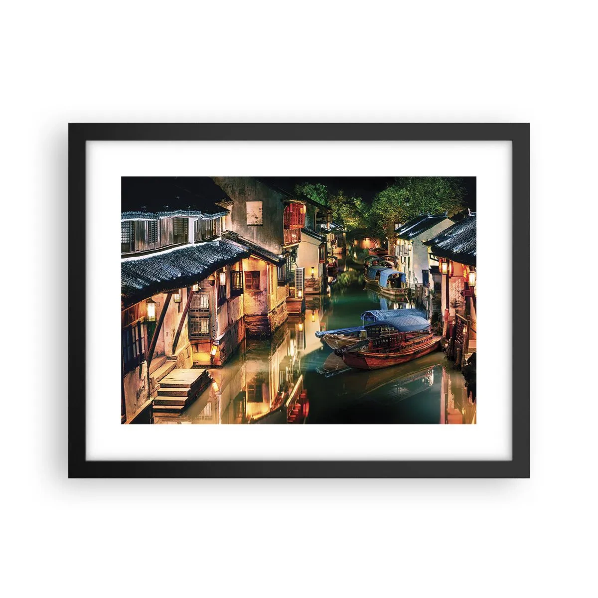 Pôster com moldura preta - Uma noite em uma rua chinesa - 40x30 cm
