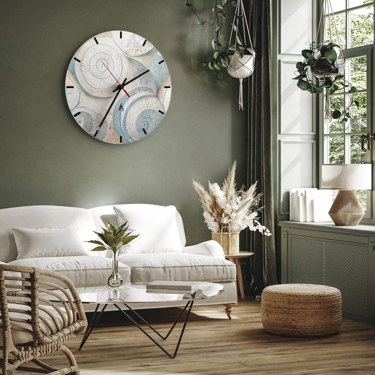 Relógio de parede - Relógio em vidro - Espirais artísticas em estilo concha em tons de azul e bege - 30x30cm - O que há dentro da casca? - Decoração de parede moderna para a sala de estar, cozinha e quarto ARTTOR