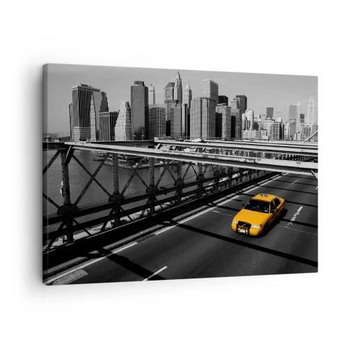 Quadro em tela - Táxi amarelo em uma ponte com vista para o horizonte de Nova York - 70x50cm - A cor da cidade grande - Decoração de parede moderna para a sala de estar e quarto ARTTOR