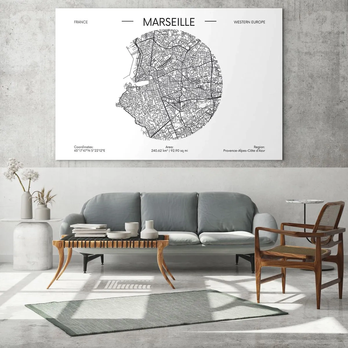 Quadro em vidro - Mapa preto e branco da cidade de Marselha em estilo moderno - 70x50cm - Anatomia de Marselha - Decoração de parede moderna para a sala de estar e quarto ARTTOR