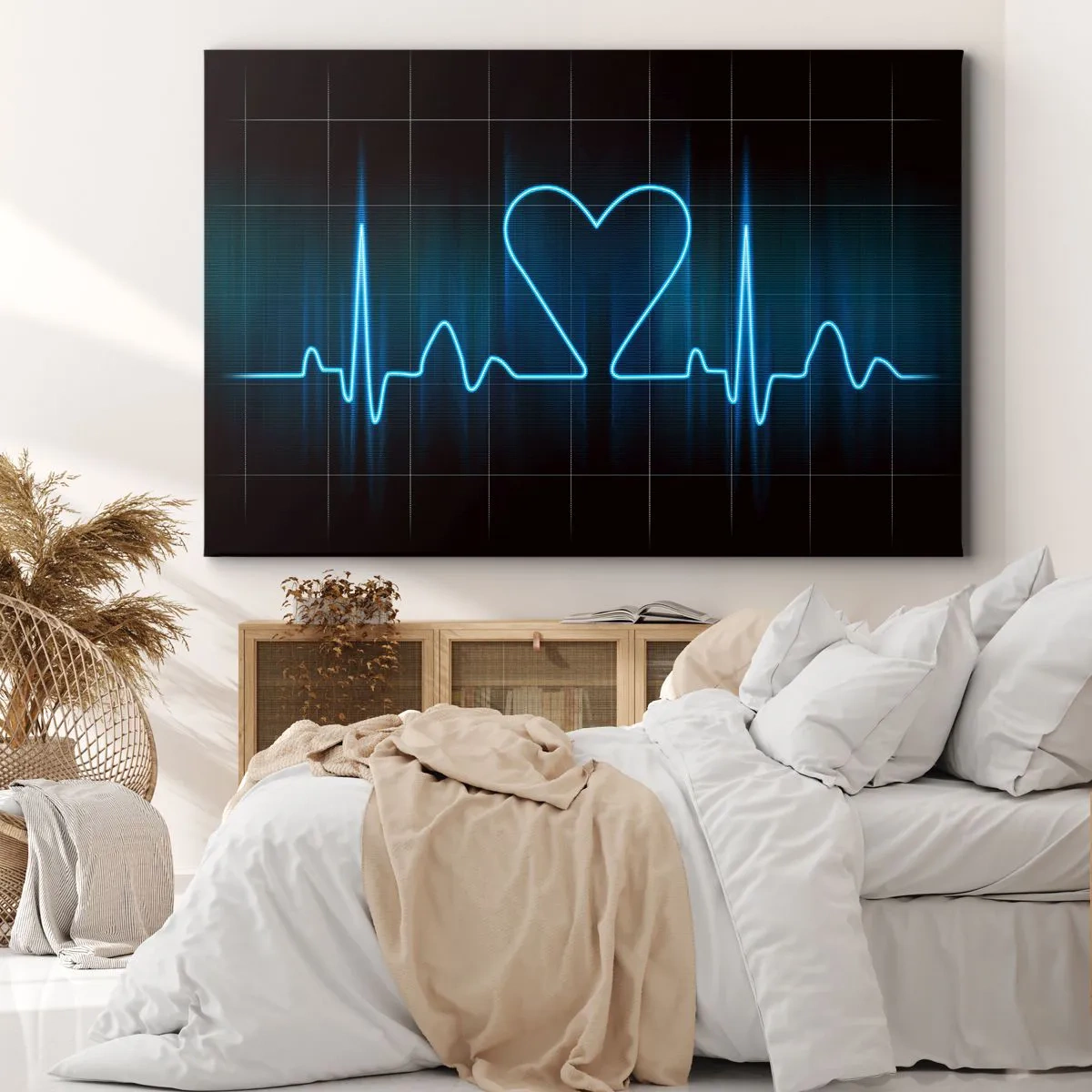 Quadro em tela - Uma linha de vida com um coração em um fundo de monitoramento médico em tons de azul. - 70x50cm - No ritmo do coração - Decoração de parede moderna para a sala de estar e quarto ARTTOR