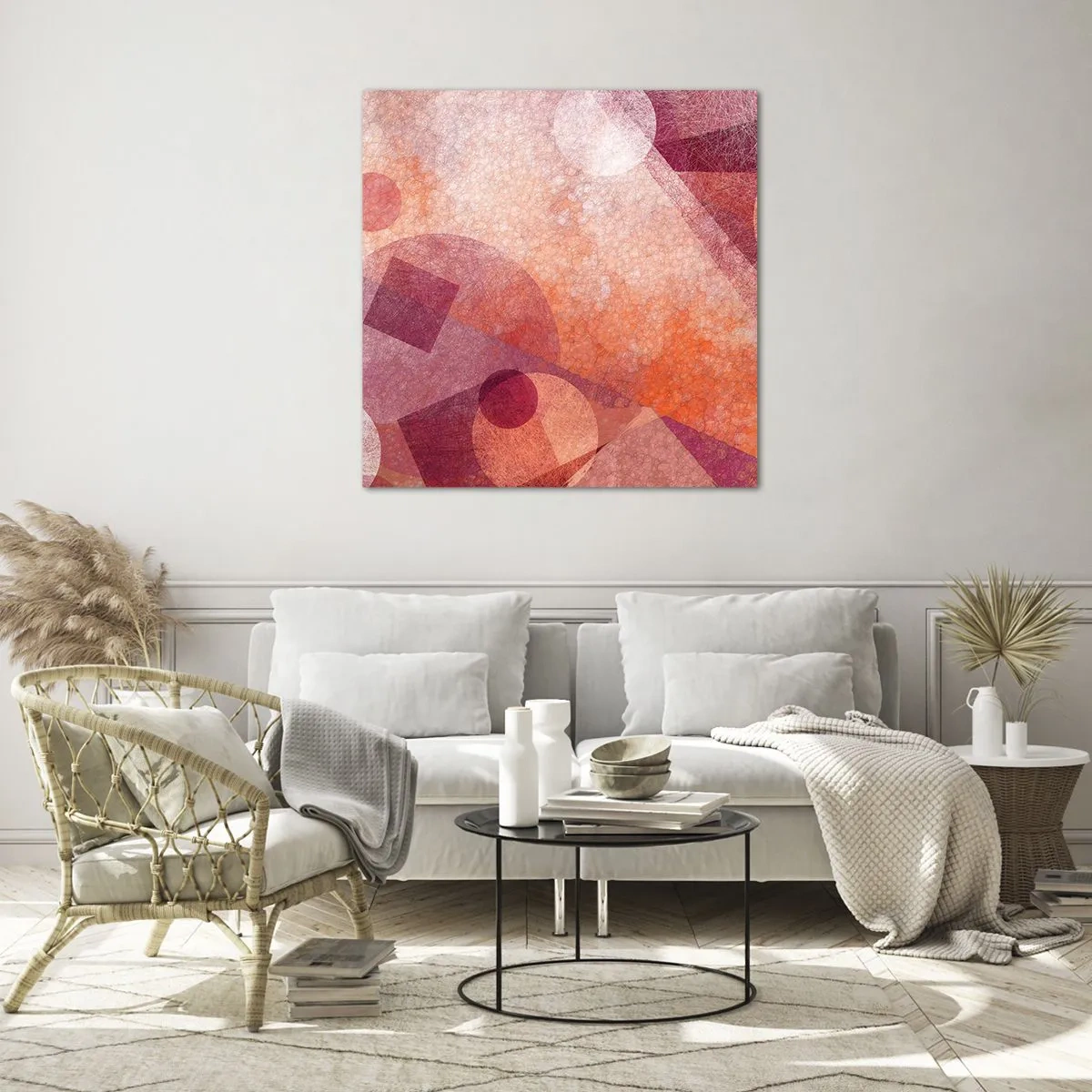 Quadro em vidro - Transformações geométricas em rosa - 60x60 cm