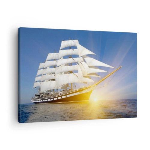 Quadro em tela - Um veleiro no mar à luz do pôr do sol - 70x50cm - O seu tempo nunca passará - Decoração de parede moderna para a sala de estar e quarto ARTTOR