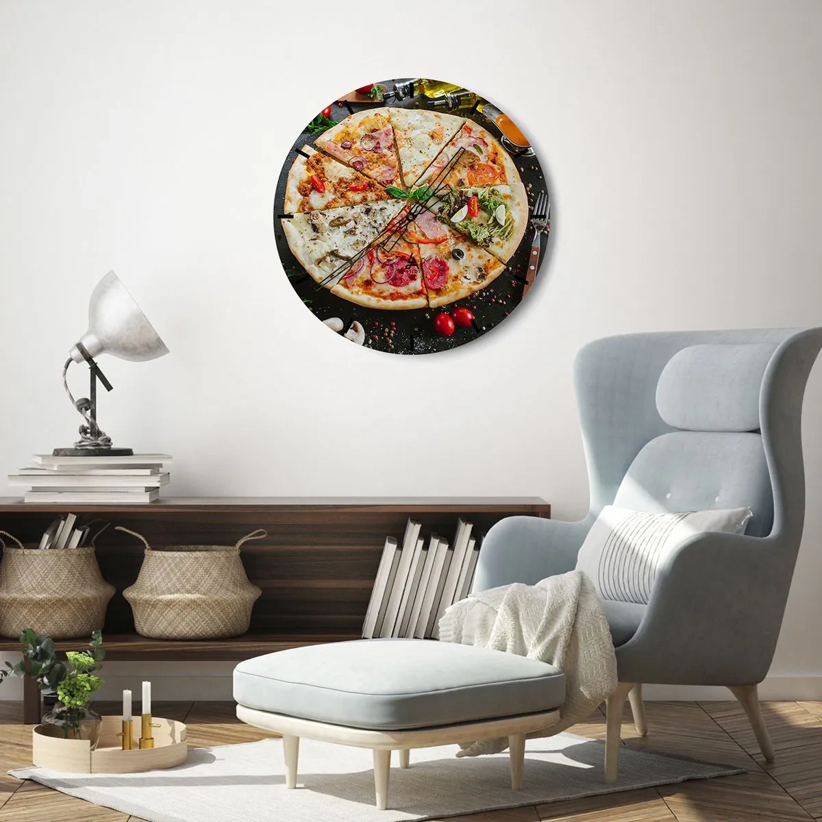 Relógio de parede - Relógio em vidro - Pizza apetitosa com vários recheios em fundo preto - 30x30cm - Gama de sabores - Decoração de parede moderna para a sala de estar, cozinha e quarto ARTTOR