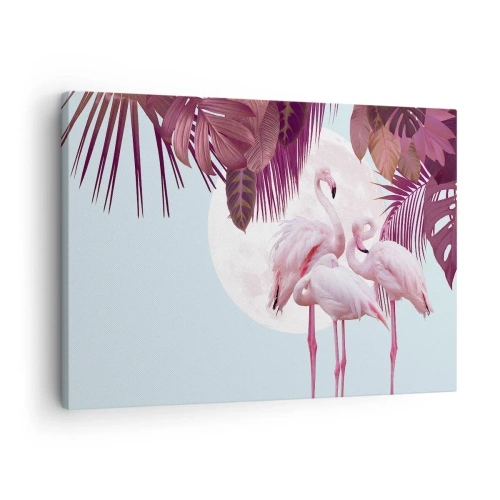Quadro em tela - Flamingos cor-de-rosa contra o fundo da lua e folhas tropicais - 70x50cm - Três graças de pássaros - Decoração de parede moderna para a sala de estar e quarto ARTTOR