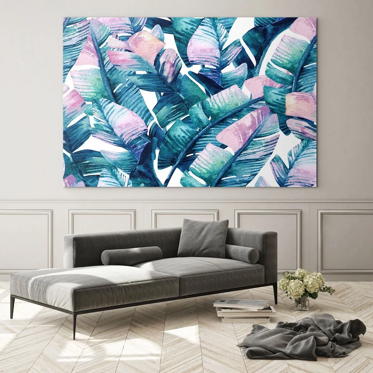 Quadro em vidro - Folhas de bananeira em tons pastéis sobre fundo branco - 70x50cm - Em um bananeiro - Decoração de parede moderna para a sala de estar e quarto ARTTOR