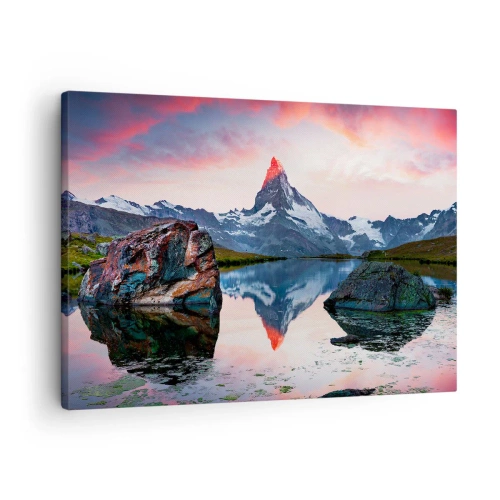 Quadro em tela - Um pico de montanha refletido em um lago ao pôr do sol - 70x50cm - O coração das montanhas é quente - Decoração de parede moderna para a sala de estar e quarto ARTTOR