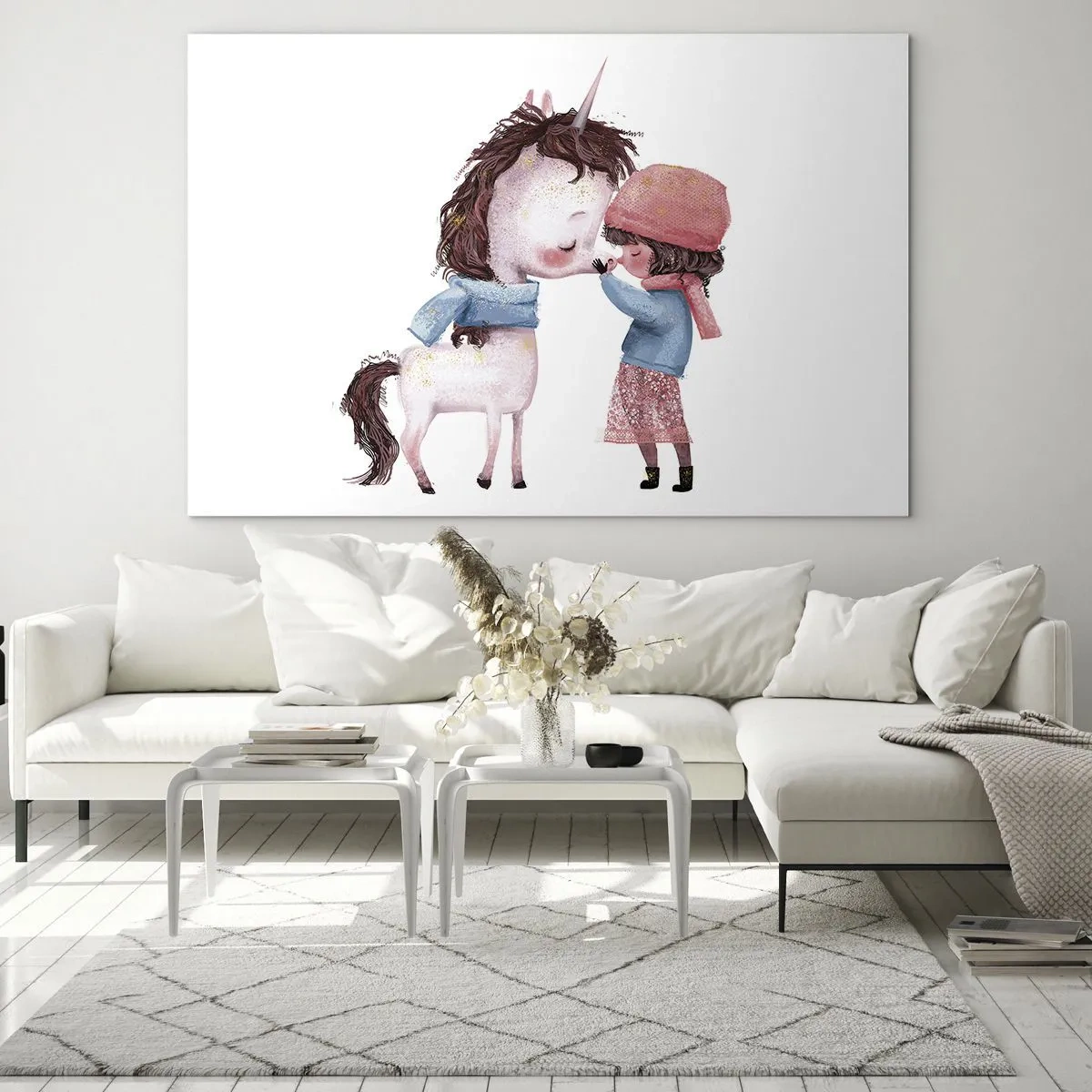 Quadro em vidro - Uma menina e um unicórnio em um cenário de inverno - 70x50cm - Conto do inverno - Decoração de parede moderna para a sala de estar e quarto ARTTOR