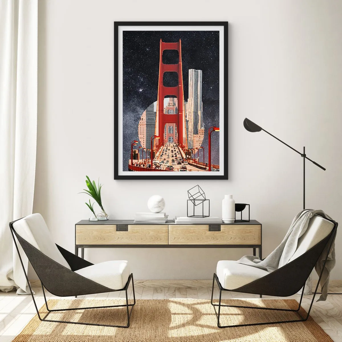 Pôster com moldura preta - Uma ponte e arranha-céus contra o céu estrelado - 50x70cm - Sempre no centro - Decoração de parede moderna para a sala de estar e quarto ARTTOR