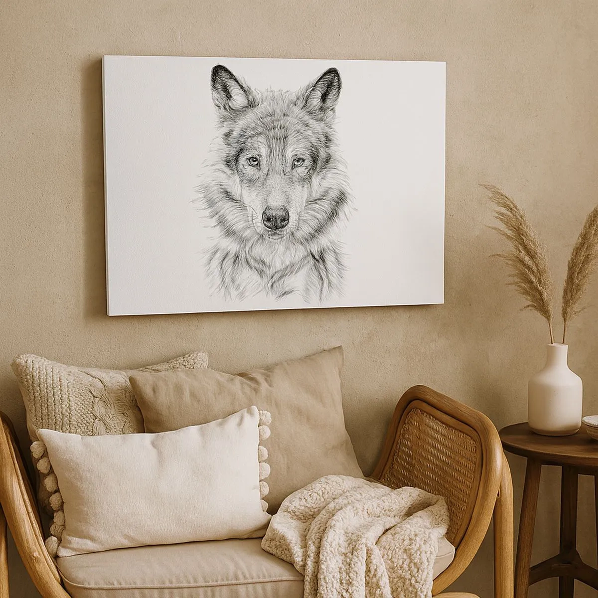 Quadro em tela - Esboço de uma cabeça de lobo em estilo monocromático sobre fundo branco - 70x50cm - Um líder nato - Decoração de parede moderna para a sala de estar e quarto ARTTOR