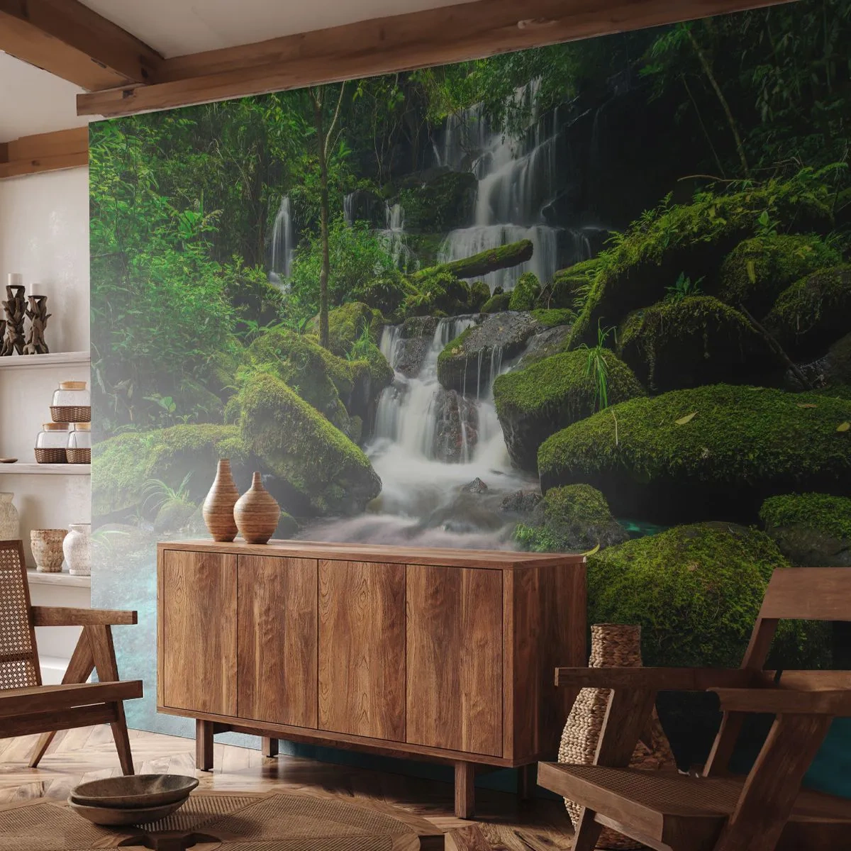 Papel de Parede Premium Sand - Turquesa, safiras e prata líquida - Paisagem, Cachoeira, córrego da montanha - 300x210 cm