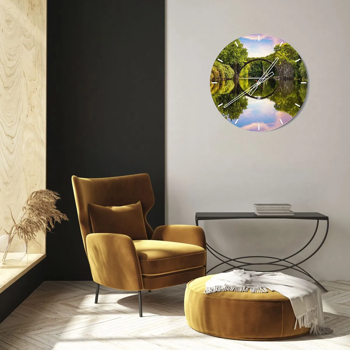 Relógio de parede - Relógio em vidro - A Ponte Rakotzbrücke refletida na água - 30x30cm - Na junção de dois mundos - Decoração de parede moderna para a sala de estar, cozinha e quarto ARTTOR