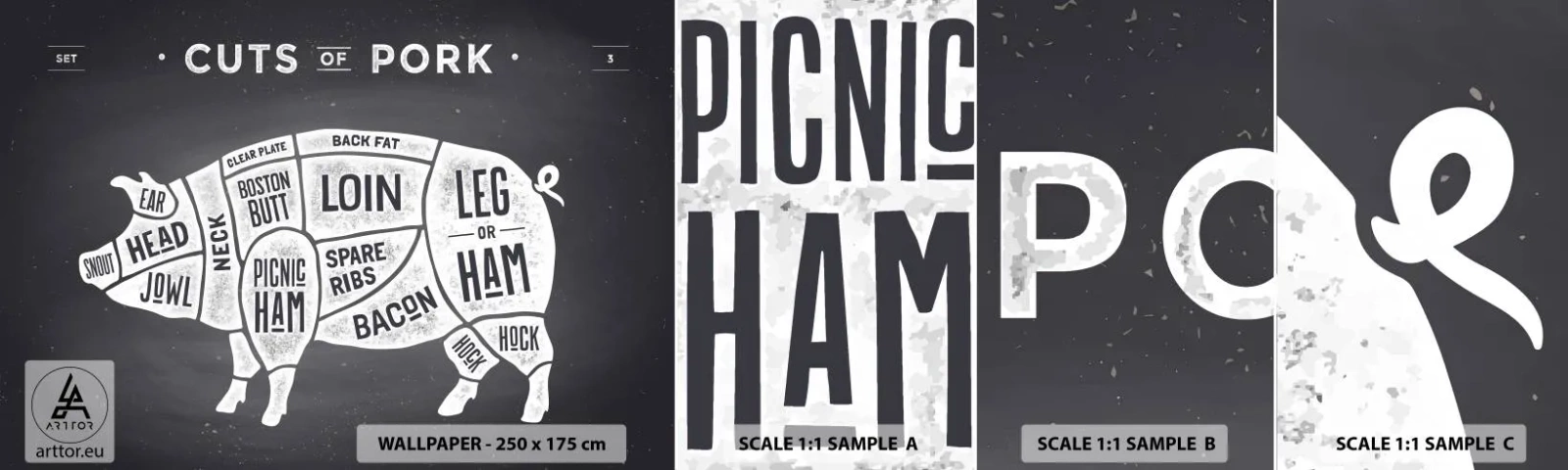 Amostra de papel de parede autocolante Deluxe Sticker - Cartilha do talhante - Gastronomia, Porco Animal, Carne de porco - 100x30 cm