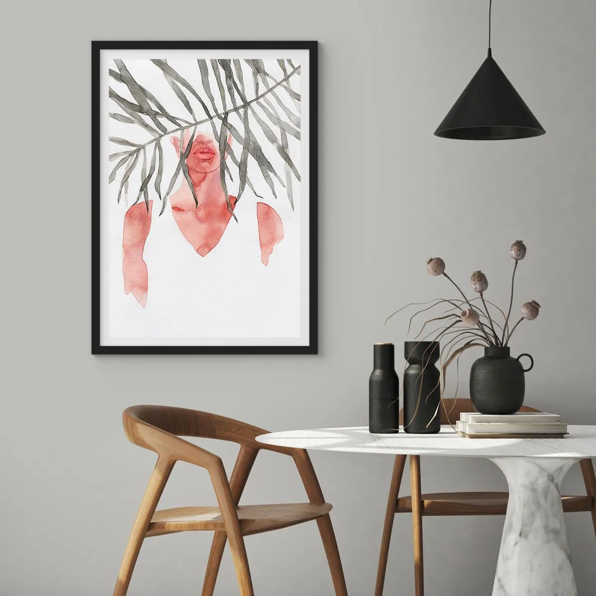 Pôster com moldura preta - Silhueta em aquarela de uma mulher escondida atrás de folhas - 50x70cm - A dama dos trópicos - Decoração de parede moderna para a sala de estar e quarto ARTTOR