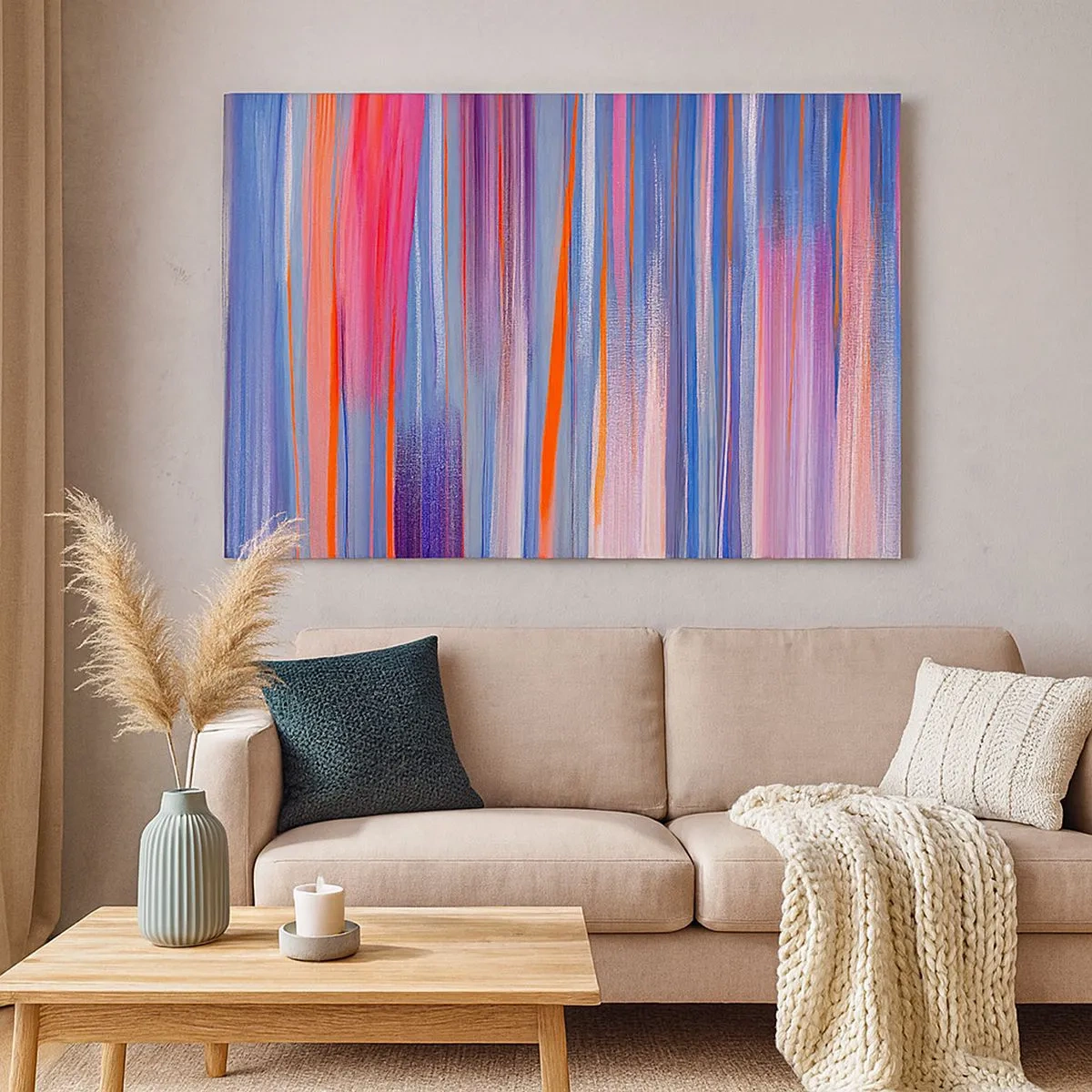 Quadro em tela - Linhas verticais abstratas em tons de azul e rosa - 70x50cm - Ascensão - Decoração de parede moderna para a sala de estar e quarto ARTTOR