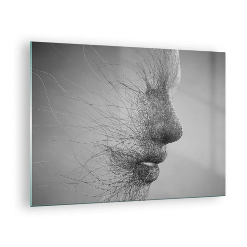 Quadro em vidro - Perfil de rosto abstrato em preto e branco com linhas - 70x50cm - Espírito do vento - Decoração de parede moderna para a sala de estar e quarto ARTTOR