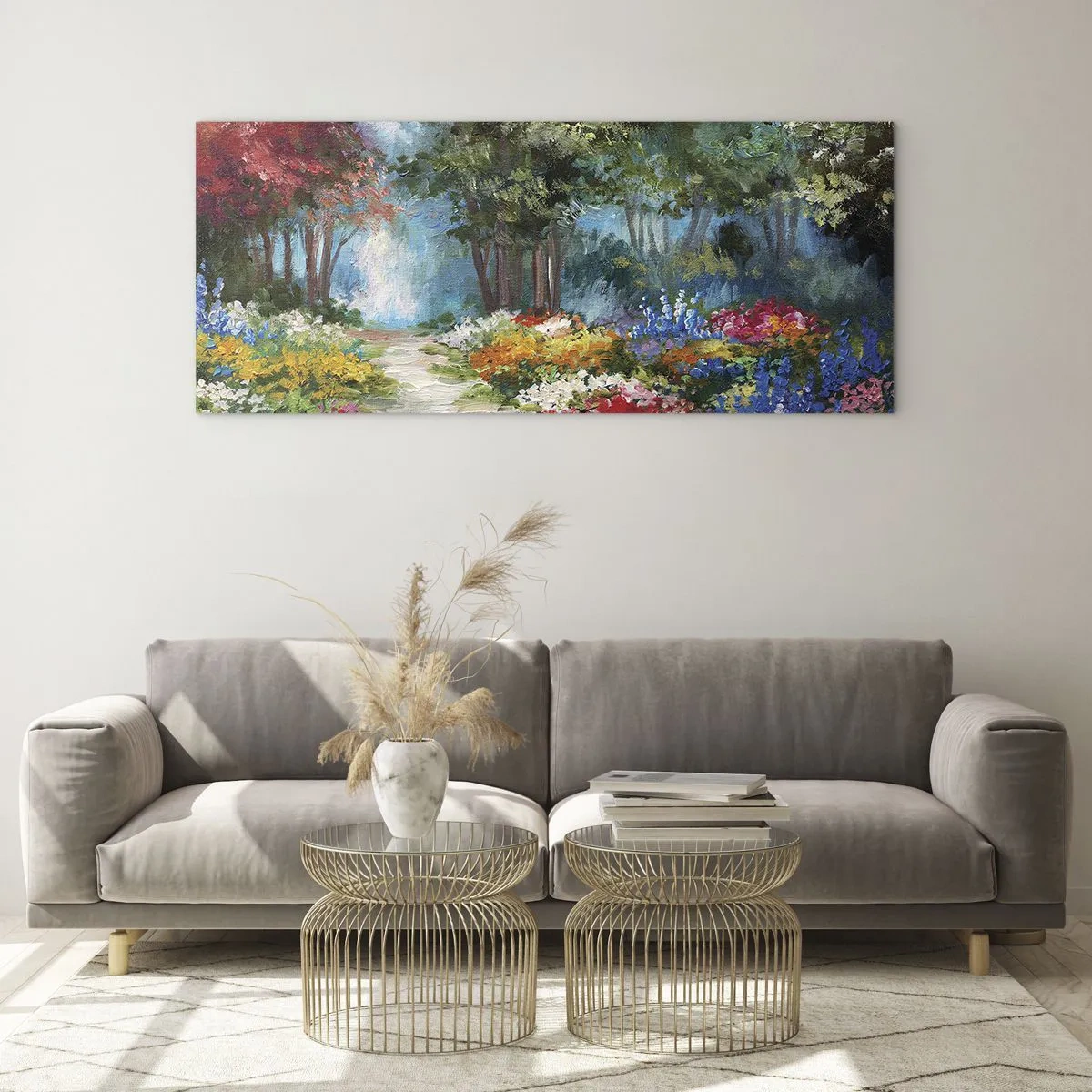 Quadro em vidro - Jardim florestal, floresta florida - 120x50 cm