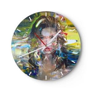 Relógio de parede - Relógio em vidro - Retrato artístico de uma mulher em abstração colorida - 30x30cm - Atrás da cortina de ar - Decoração de parede moderna para a sala de estar, cozinha e quarto ARTTOR