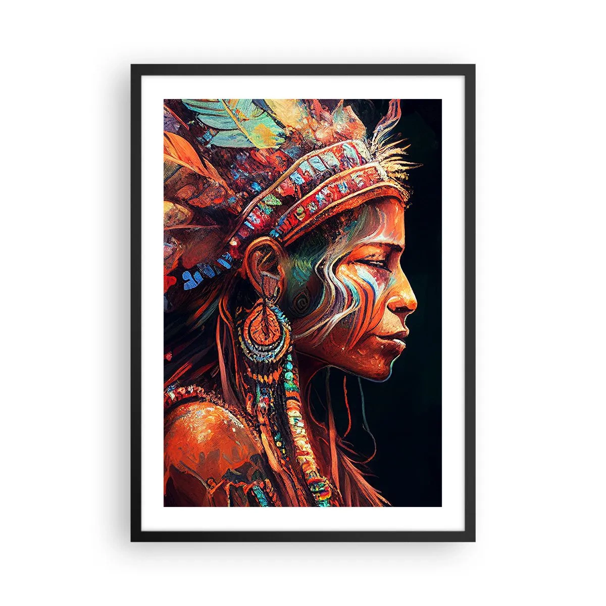 Pôster com moldura preta - Retrato de uma mulher com um cocar de penas tradicional - 50x70cm - Ritual mágico - Decoração de parede moderna para a sala de estar e quarto ARTTOR