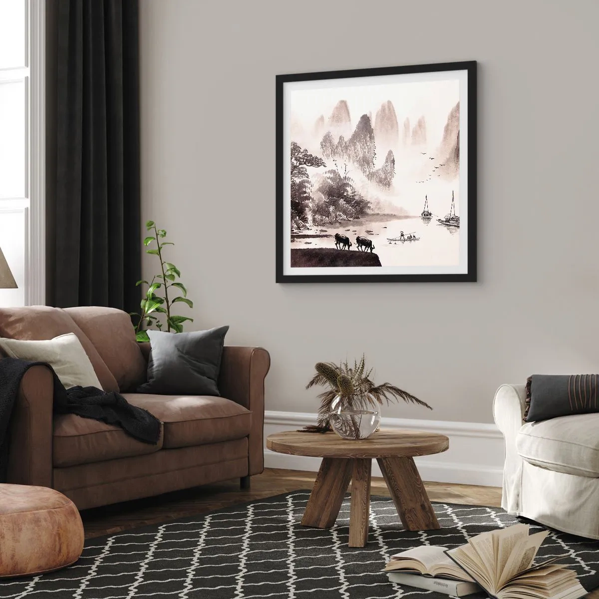 Pôster com moldura preta - O cotidiano exótico do Oriente - 60x60 cm