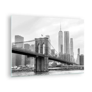 Quadro em vidro - Foto em preto e branco de uma ponte e paisagem urbana - 70x50cm - Vibrações de Nova York - Decoração de parede moderna para a sala de estar e quarto ARTTOR