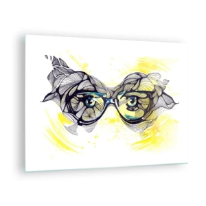 Quadro em vidro - Óculos com padrões artísticos e olhos em um fundo em tons de amarelo - 70x50cm - Através de óculos azuis - Decoração de parede moderna para a sala de estar e quarto ARTTOR