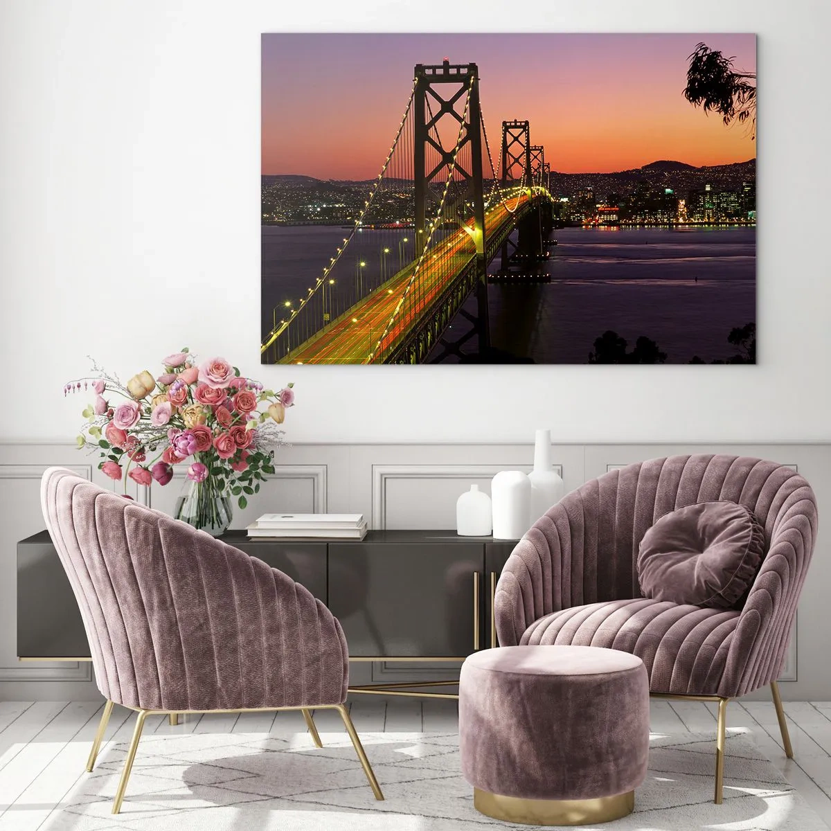 Quadro em vidro - A ponte à noite na cidade e a luz do pôr do sol - 70x50cm - Noite em roxo - Decoração de parede moderna para a sala de estar e quarto ARTTOR