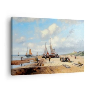 Quadro em tela - Barcos de pesca na praia com figuras humanas - 70x50cm - Pós-caça bem-sucedida - Decoração de parede moderna para a sala de estar e quarto ARTTOR