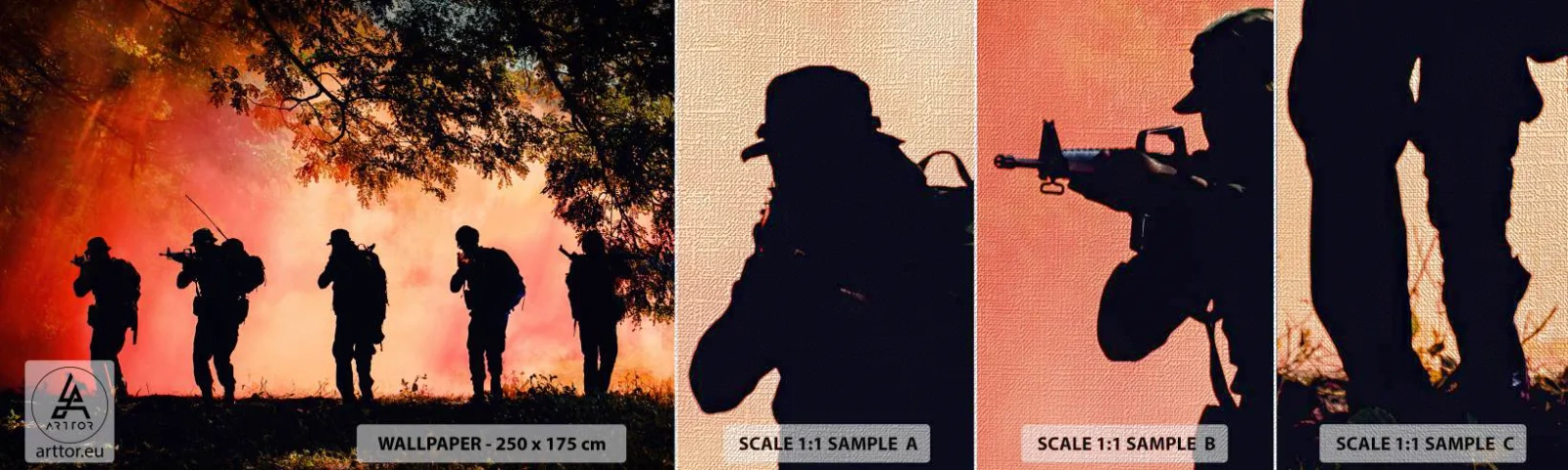 Amostra de papel de parede Premium Canvas - ...Todos por um. - Soldado, Arma, Rifle - 100x30 cm