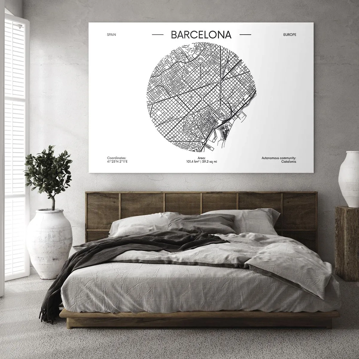 Quadro em vidro - Um mapa minimalista de Barcelona com uma estética em preto e branco - 70x50cm - Anatomia de Barcelona - Decoração de parede moderna para a sala de estar e quarto ARTTOR