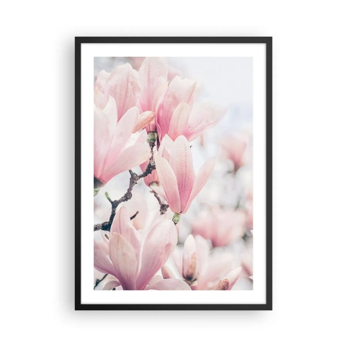 Pôster com moldura preta - Magnólias rosa em um ambiente sutil de primavera - 50x70cm - O ideal da subtileza - Decoração de parede moderna para a sala de estar e quarto ARTTOR