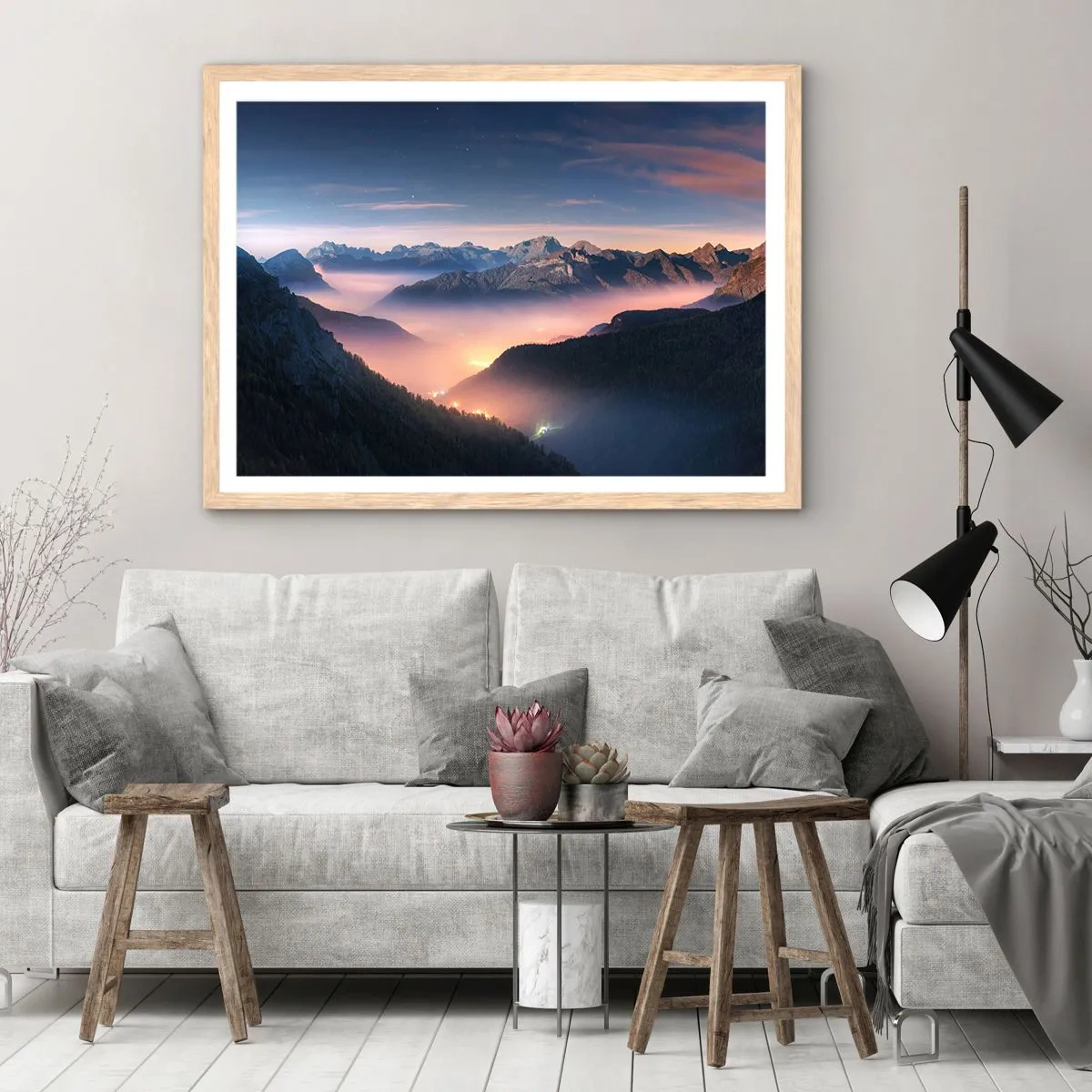 Pôster com moldura de carvalho claro - Luz nos vales - 70x50 cm