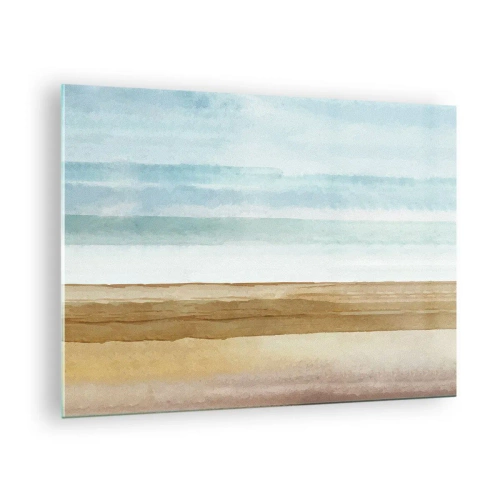 Quadro em vidro - Uma praia minimalista em estilo aquarela pastel - 70x50cm - Serenidade - Decoração de parede moderna para a sala de estar e quarto ARTTOR