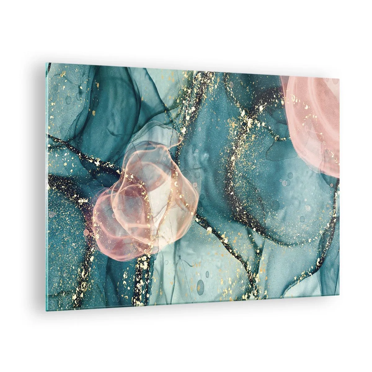 Quadro em vidro - Formas abstratas em azul e rosa com detalhes dourados - 70x50cm - Azul seda, rosa tule - Decoração de parede moderna para a sala de estar e quarto ARTTOR