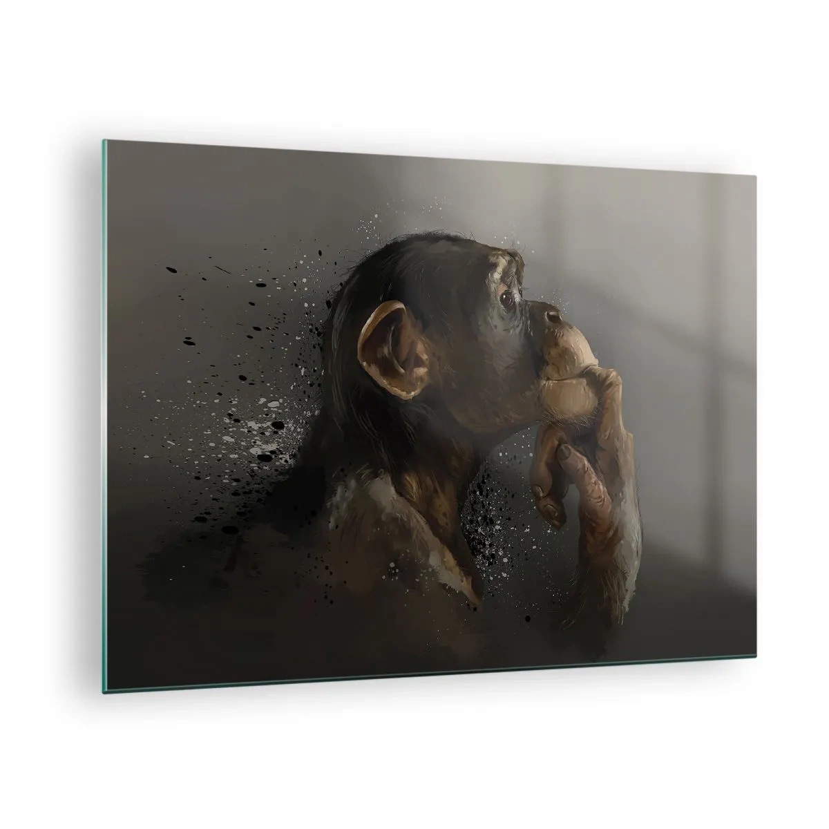 Quadro em vidro - Um macaco pensativo contra um fundo escuro com efeito de respingos - 70x50cm - Certamente um pensador - Decoração de parede moderna para a sala de estar e quarto ARTTOR