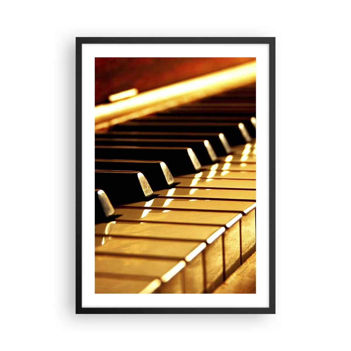 Pôster com moldura preta - Close-up de teclas de piano em luz dourada - 50x70cm - Infinitas possibilidades  - Decoração de parede moderna para a sala de estar e quarto ARTTOR