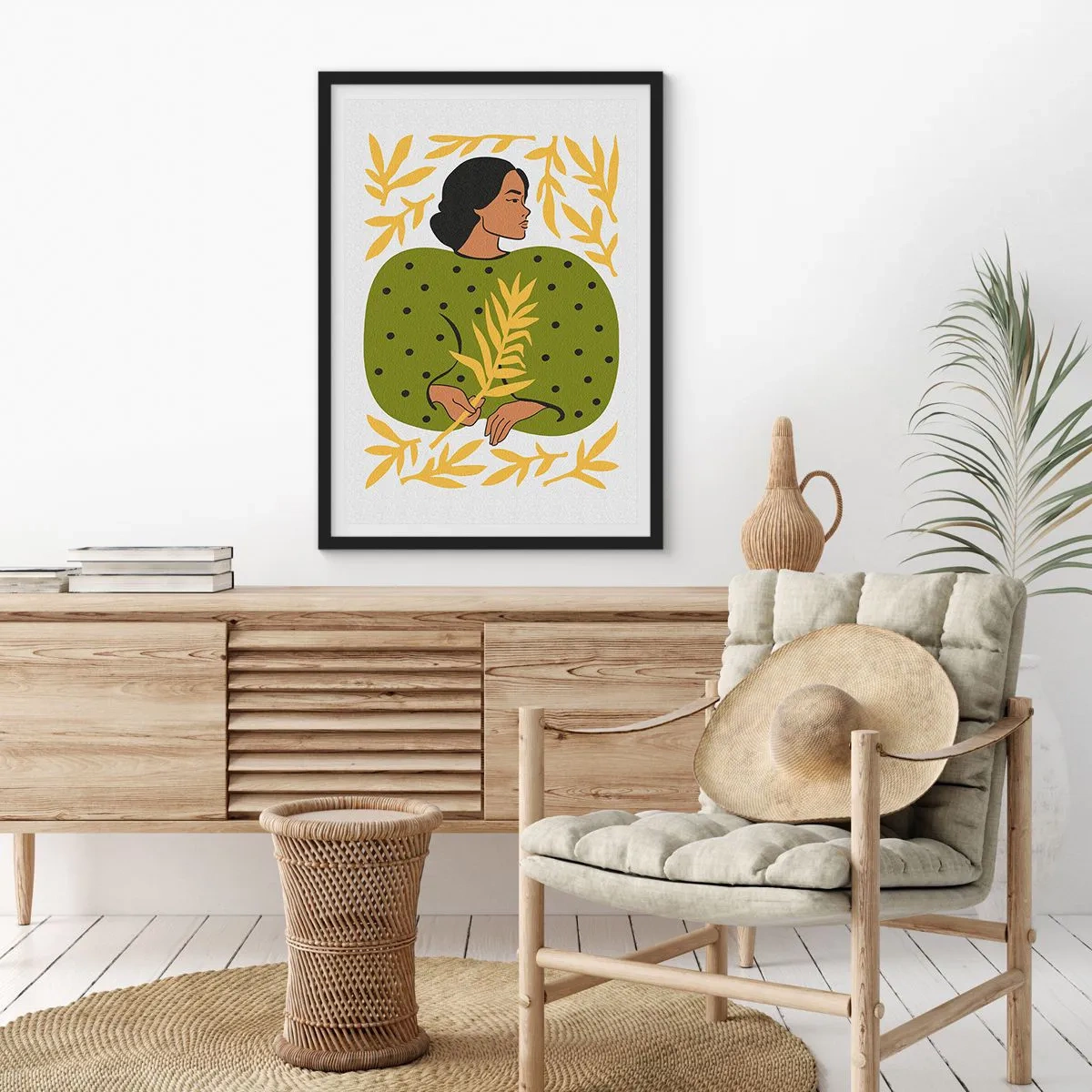 Pôster com moldura preta - Retrato de uma mulher com um vestido verde com uma folha amarela, com um padrão delicado - 50x70cm - Rapariga havaiana - Decoração de parede moderna para a sala de estar e quarto ARTTOR