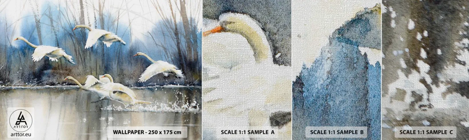 Amostra de papel de parede Premium Canvas - Como no conto de fadas sobre cisnes selvagens - Cisnes, Pássaros, Paisagem - 100x30 cm