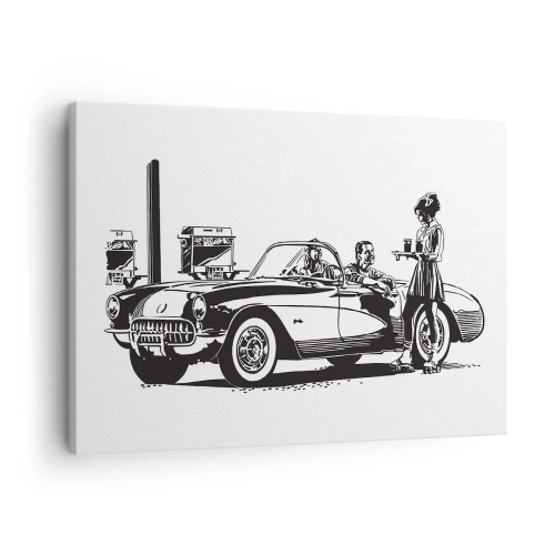 Quadro em tela - Uma cena retrô em preto e branco com um carro e uma garçonete de patins. - 70x50cm - 60º - América Despreocupada - Decoração de parede moderna para a sala de estar e quarto ARTTOR