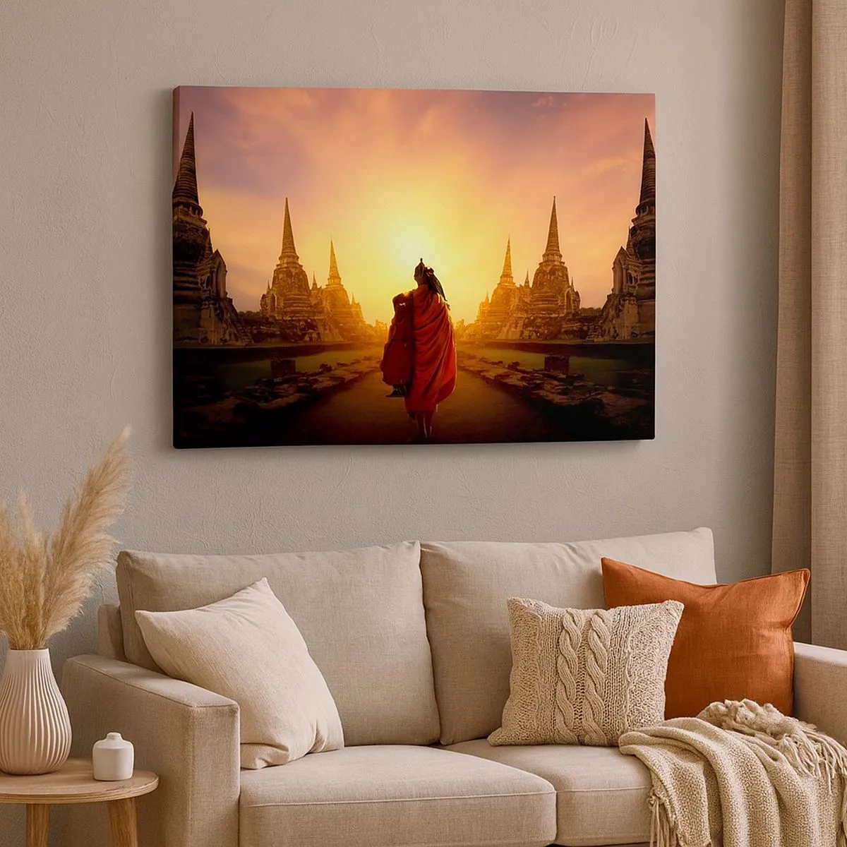 Quadro em tela - Um monge entre os templos ao pôr do sol - 70x50cm - Em paz para a eternidade - Decoração de parede moderna para a sala de estar e quarto ARTTOR