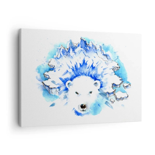 Quadro em tela - Pintura artística em aquarela de um urso polar com um motivo gelado - 70x50cm - O Rei do Ártico em uma coroa de gelo - Decoração de parede moderna para a sala de estar e quarto ARTTOR