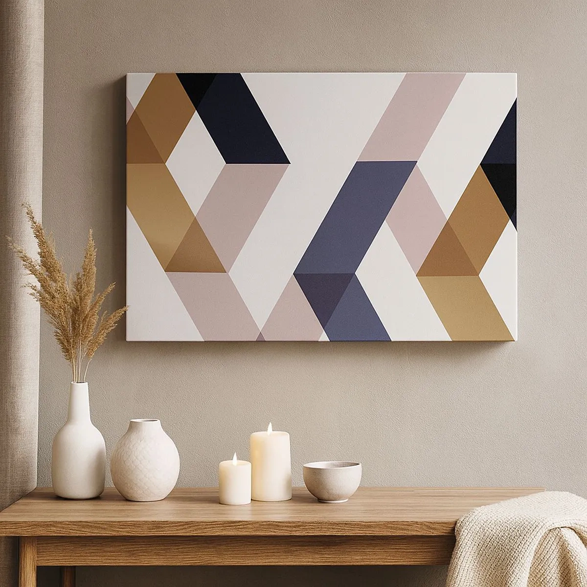 Quadro em tela - Padrões geométricos em tons de dourado e azul marinho - 70x50cm - Planos e ângulos - Decoração de parede moderna para a sala de estar e quarto ARTTOR