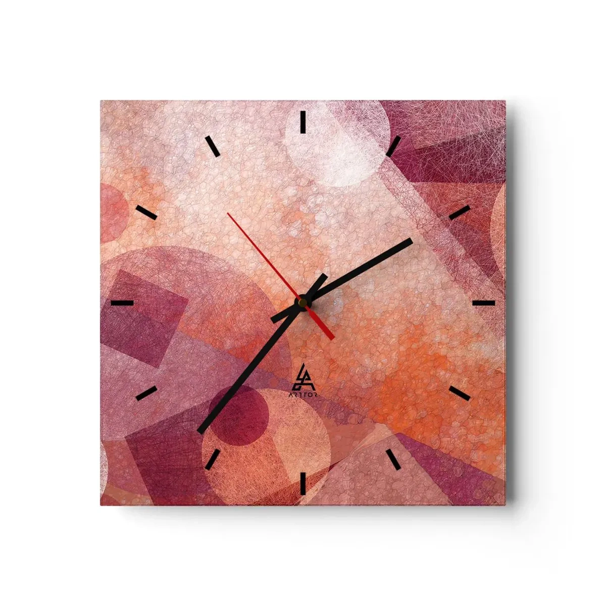 Relógio de parede - Relógio em vidro - Transformações geométricas em rosa - 30x30 cm