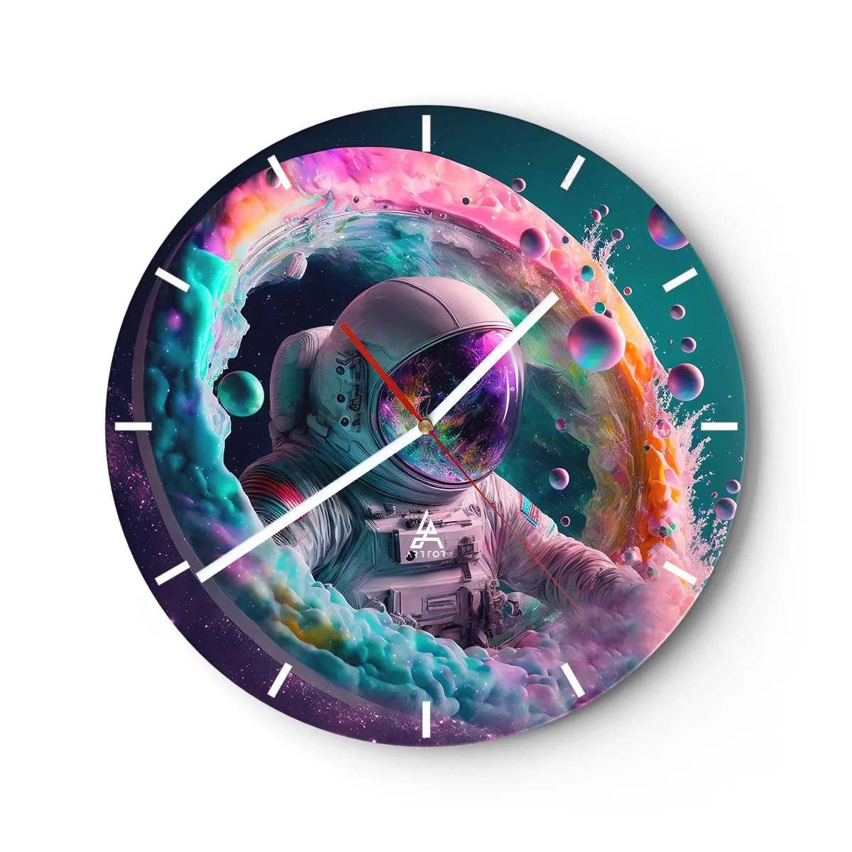 Relógio de parede - Relógio em vidro - Astronauta em meio a cores cósmicas e efeitos de portal - 30x30cm - Portão estrela - Decoração de parede moderna para a sala de estar, cozinha e quarto ARTTOR