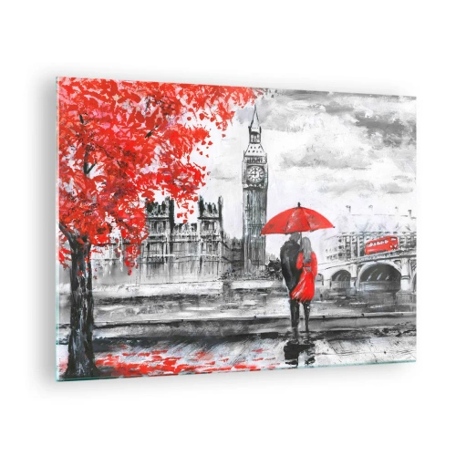 Quadro em vidro - Um casal sob um guarda-chuva vermelho com o Big Ben e árvores de outono ao fundo. - 70x50cm - Apaixonados em Londres - Decoração de parede moderna para a sala de estar e quarto ARTTOR