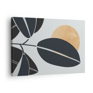 Quadro em tela - Um motivo minimalista de folhas com um sol brilhante ao fundo. - 70x50cm - Um dia quente de verão - Decoração de parede moderna para a sala de estar e quarto ARTTOR