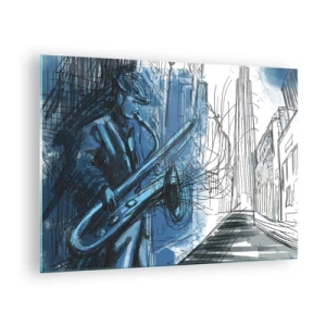 Quadro em vidro - Saxofonista de jazz em um ambiente urbano em tons de azul - 70x50cm - Rapsódia Urbana - Decoração de parede moderna para a sala de estar e quarto ARTTOR