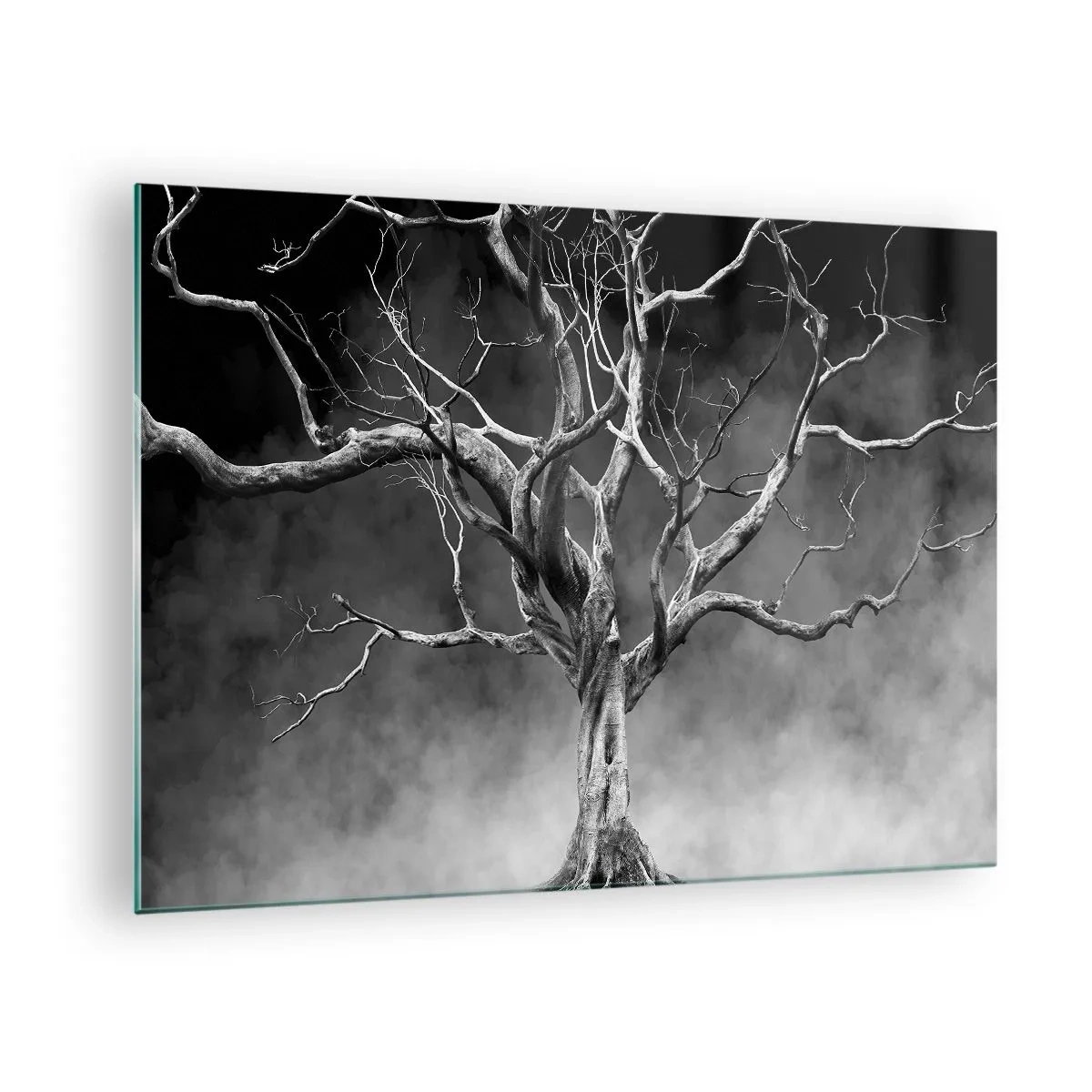 Quadro em vidro - Árvore negra contra a neblina - 70x50cm - Primitivo e sagrado - Decoração de parede moderna para a sala de estar e quarto ARTTOR