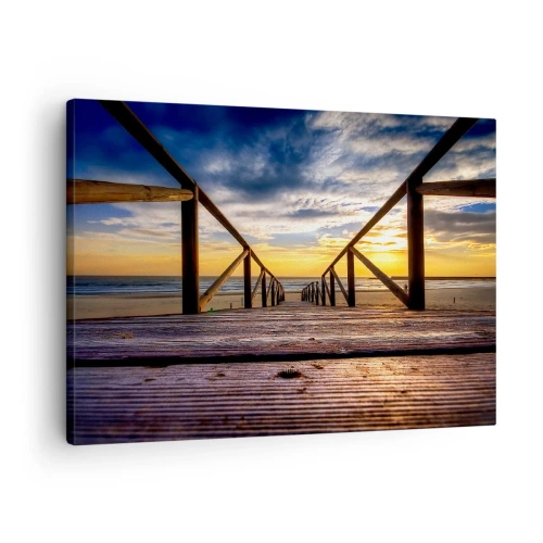 Quadro em tela - Cais de madeira que leva à praia ao pôr do sol - 70x50cm - Direto para a praia tranquila ao pôr do sol - Decoração de parede moderna para a sala de estar e quarto ARTTOR