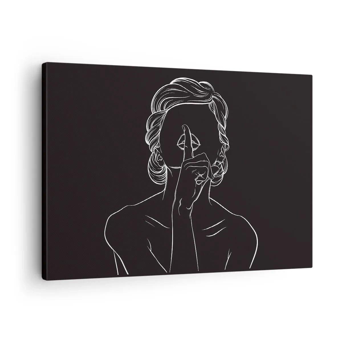 Quadro em tela - Silhueta minimalista de uma mulher em um fundo preto - 70x50cm - A beleza floresce em silêncio - Decoração de parede moderna para a sala de estar e quarto ARTTOR